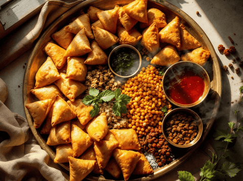 Heritage Month Flavours Golden fried samoosas on a platter with chutneys, spiced snacks, and herbs